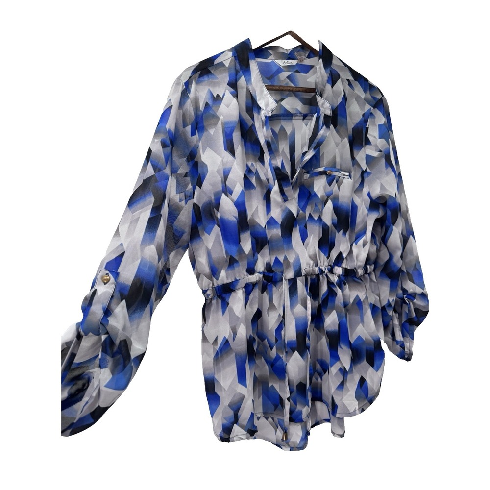 Dalin Plus 2X‎ White Blue Black Sheer Tunic Geometric 3/4th sleeve tie waist